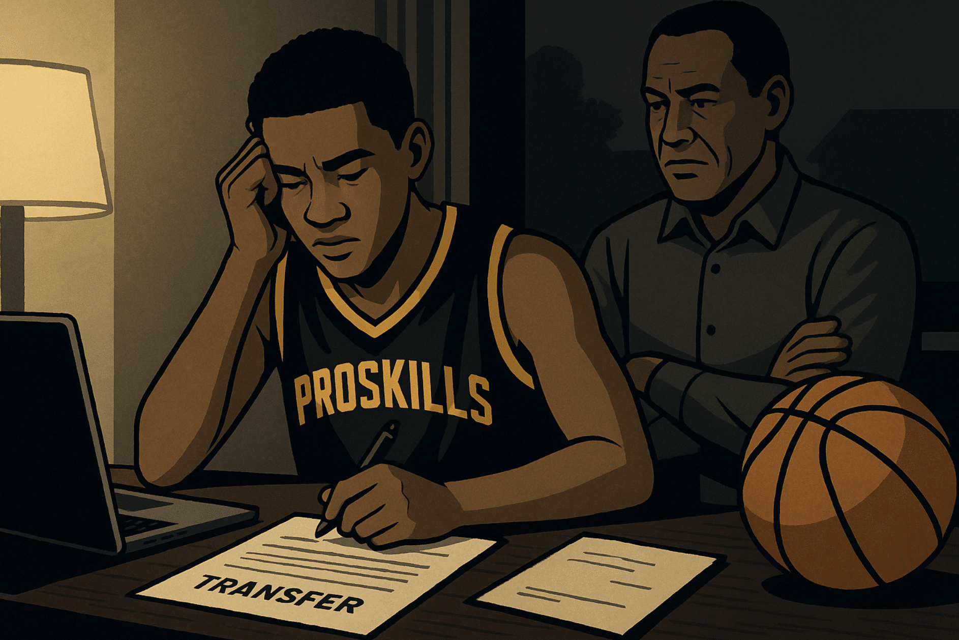 High school basketball player considering transfer schools with parent nearby